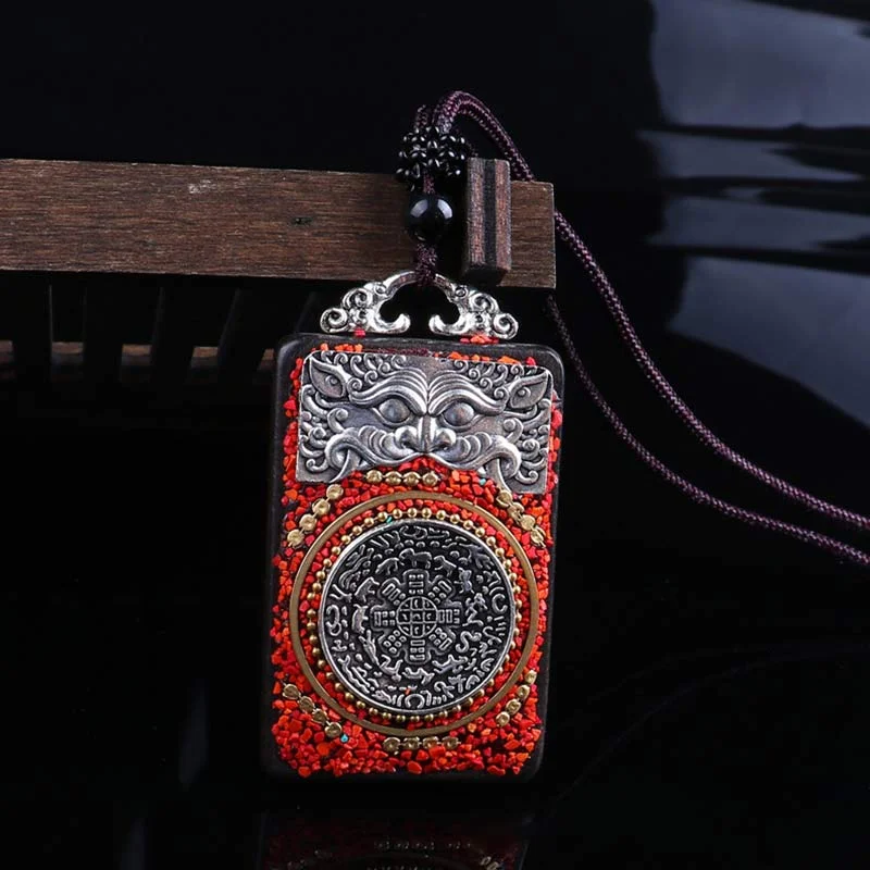 Ebony Wood Elephant Lotus Balance String Necklace Pendant