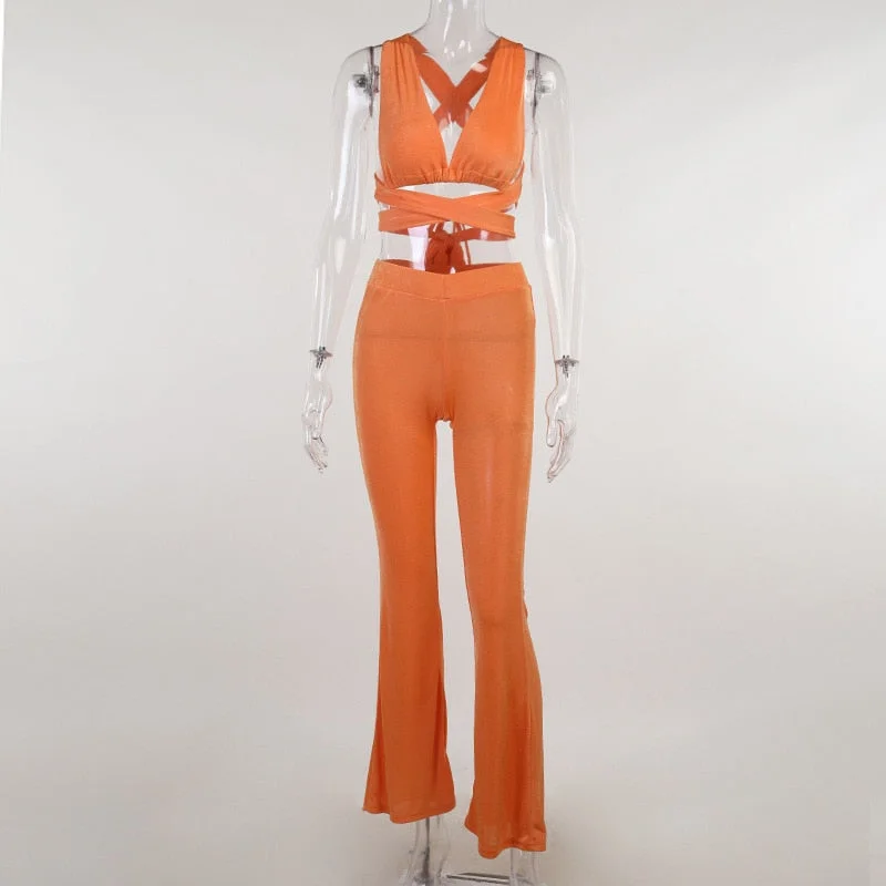 2022 Green Romper Sexy Bandage Backless Top and Pant Sets Sleeveless Solid Women's Sets Fashion Outfits Matching Set Flare Pants