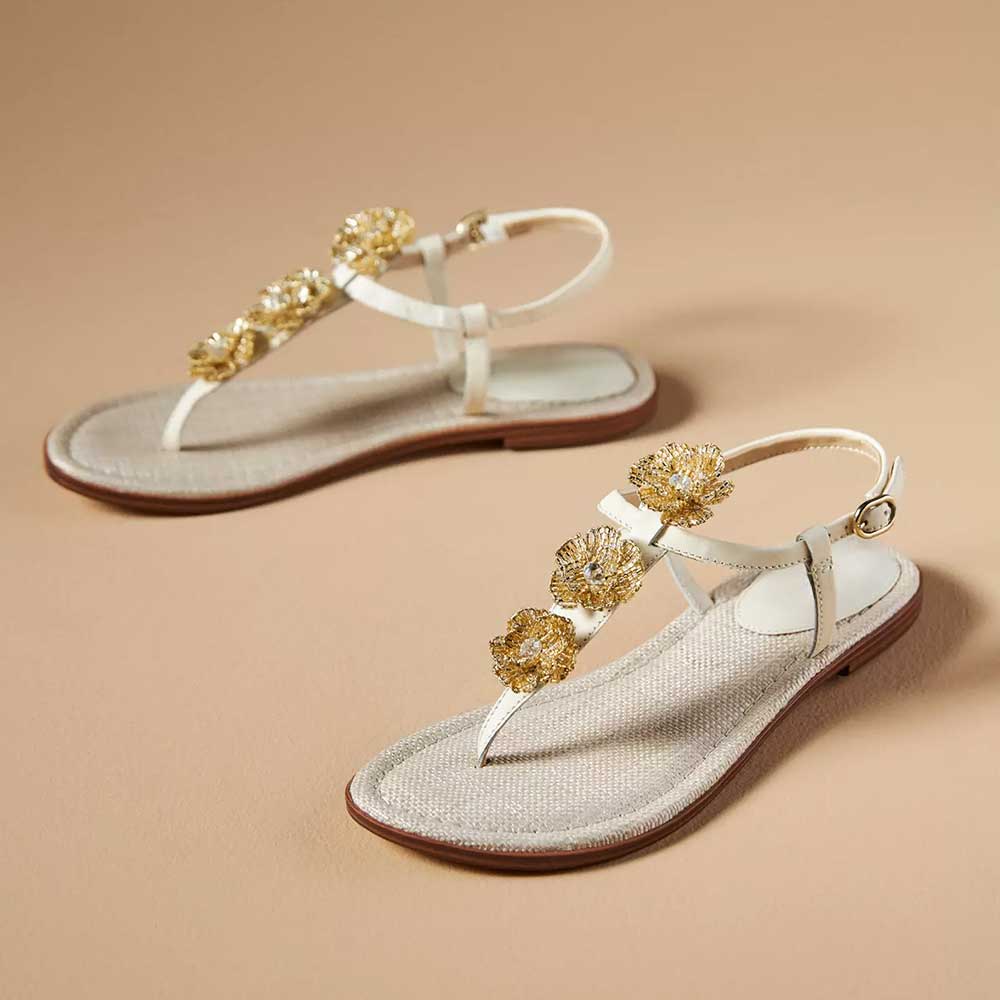 Ivory Round Toe Flat Rhinestone Embellished T-Strap Sandals Nicepairs