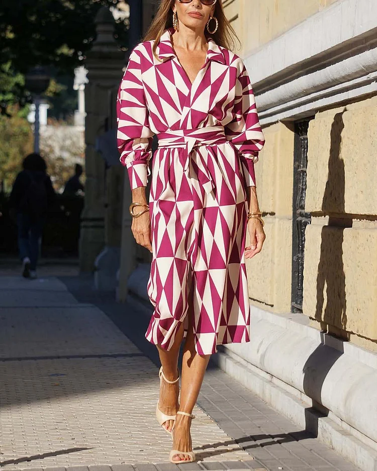 Elegant Triangle Print Tie Shirt Dress