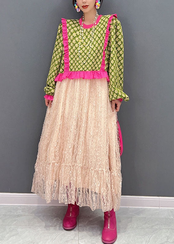 VCSHOES Green O-Neck Ruffled Patchwork Tulle Maxi Dresses Spring