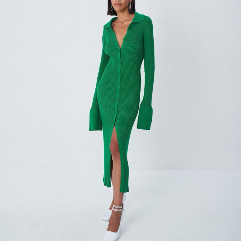 Y2k Bodycon Dress Sweater Sexy Knitted Green 2021 Women Midi Split V Neck Long Sleeve Casual Club Autumn Winter Party Dresses