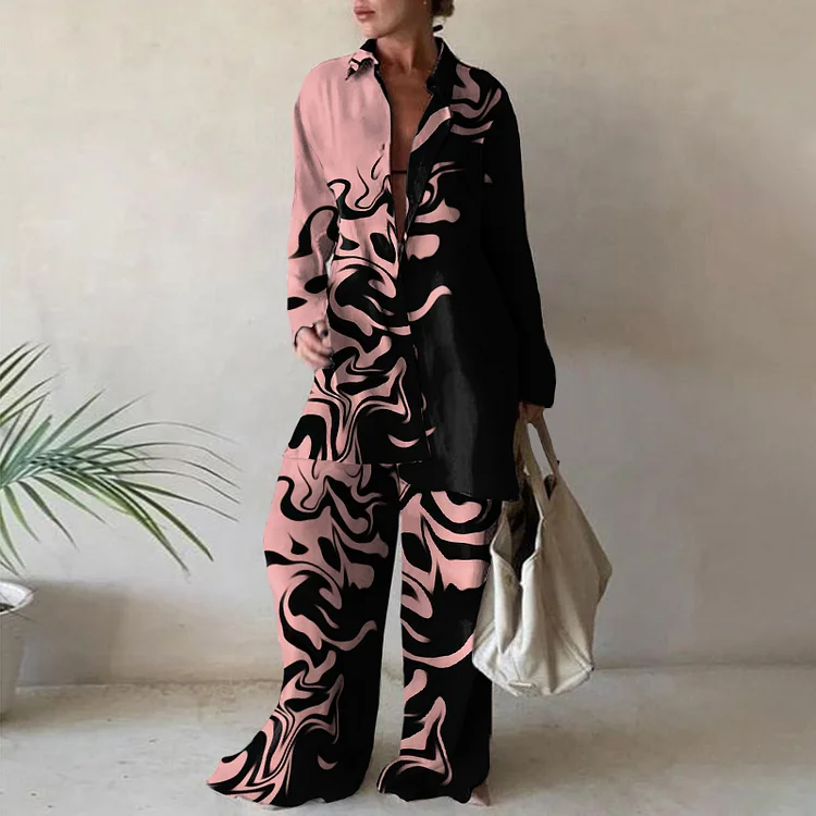 Casual Colorblock Print Long Sleeve Two Piece Set