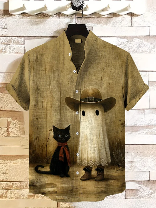 Men's Cowboy Ghost and Black Cat Print Shirt