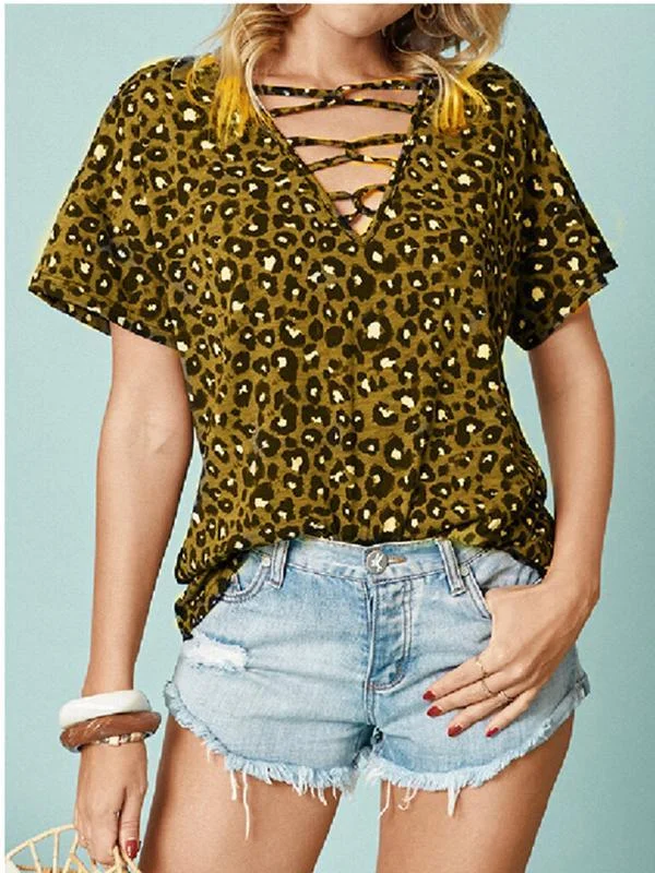 Women's Short Sleeve V-neck Leopard Printed Tops T-shirts