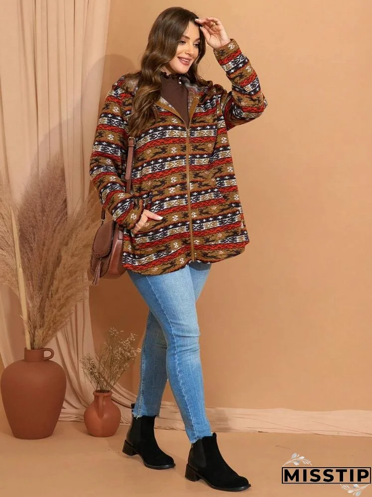 Plus Size Women Vintage Style Printed Hooded Long Sleeve Jacket