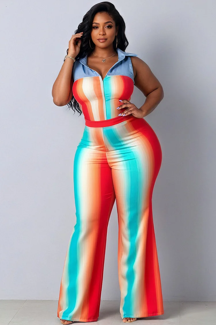 Xpluswear Design Plus Size Daily Multicolor Colorblock Shirt Collar Pocket Button Jumpsuits [Pre-Order] 2024 - Xpluswear