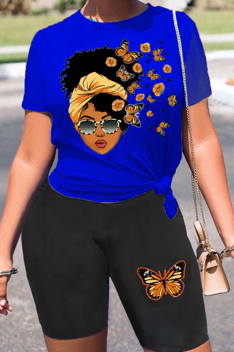 Dark Blue Casual Butterfly Print Patchwork O Neck Short Sleeve Two Pieces | EGEMISS