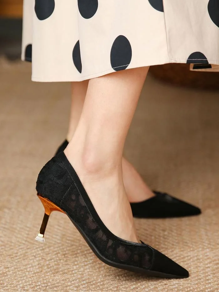 Side hollow pointed toe shallow mesh lace fashion stiletto heels