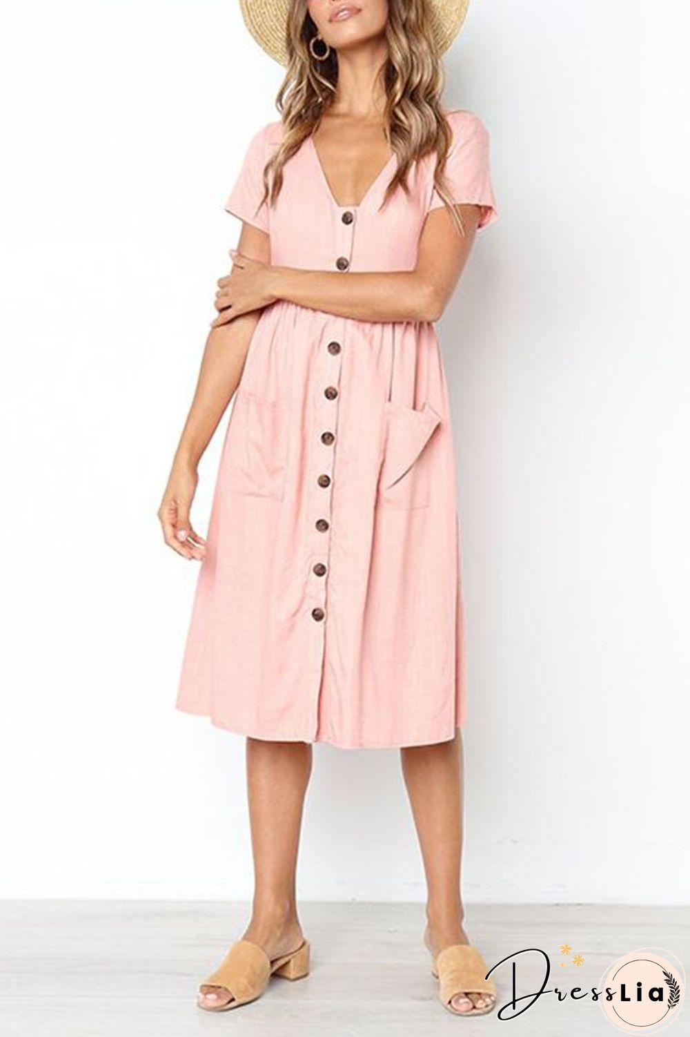 V-neck Pocket Midi Dress(4 Colors)