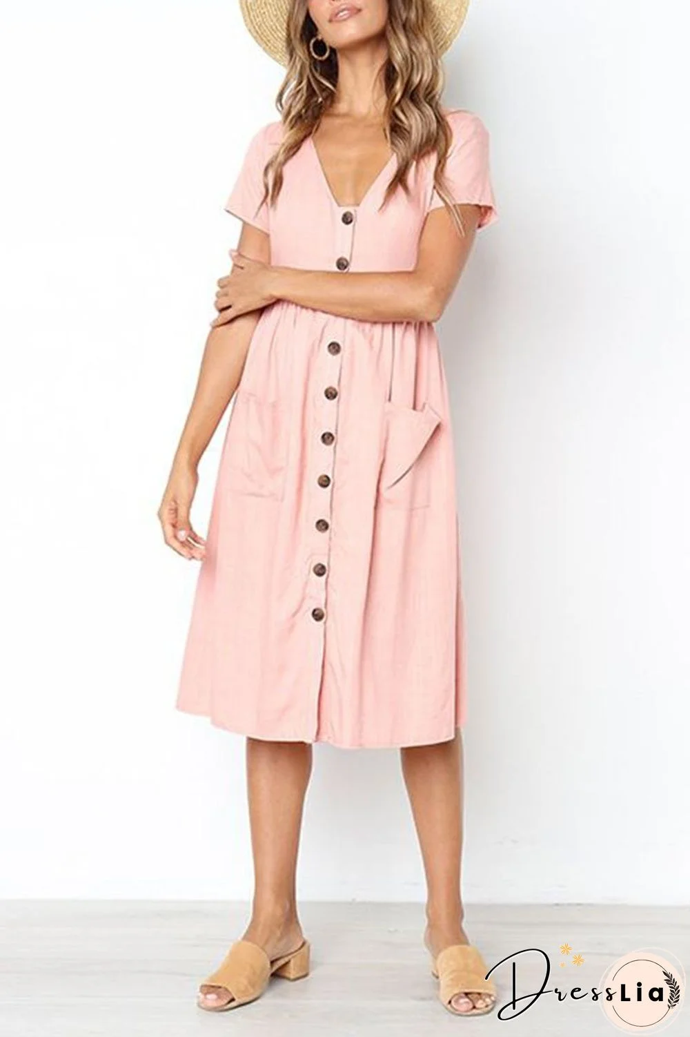 V-neck Pocket Midi Dress(4 Colors)