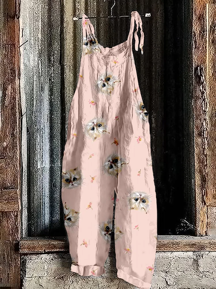 Lovely Cats Pattern Linen Blend Loose Fit Jumpsuit