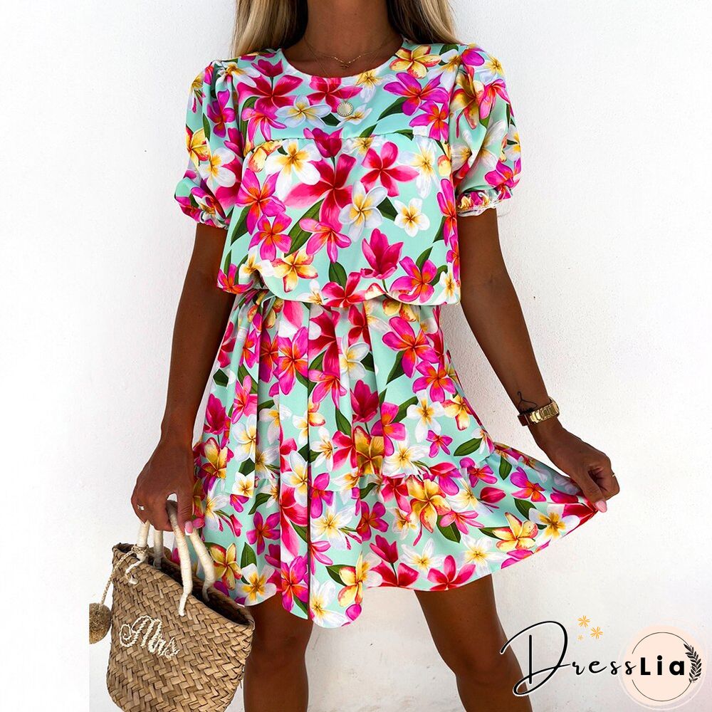 Summer Short Sleeve Floral Print Dress Women Round Neck Boho A Line Beach Party Mini Dress Holiday Ladies Pleated Vestidos D30