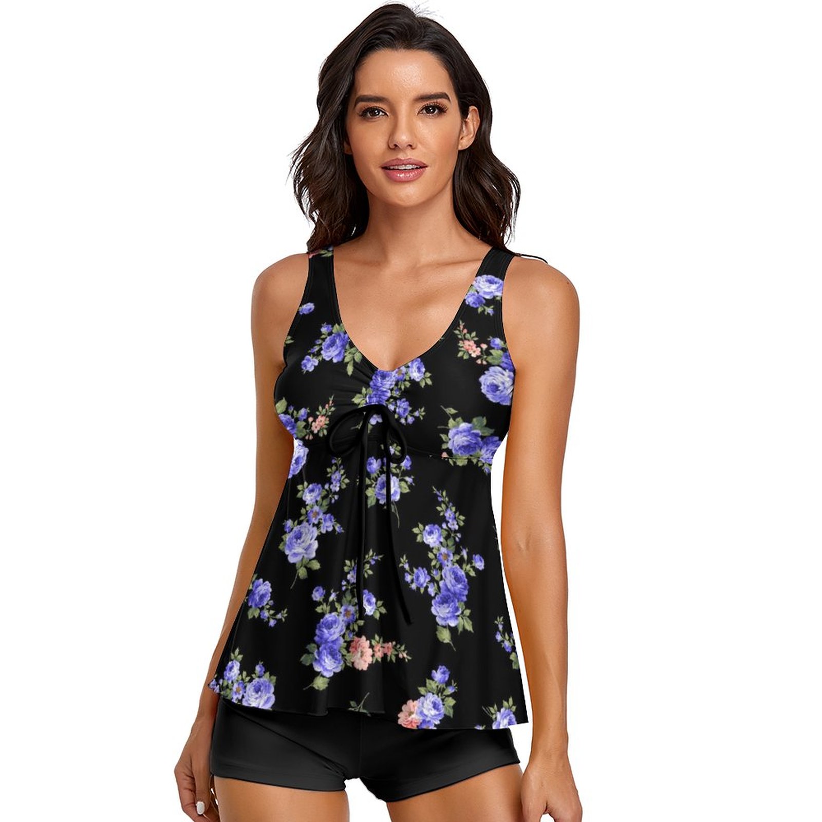 Women's Flowers Two Piece Tankini Tummy Control Flowy Swimwear - Black Purple