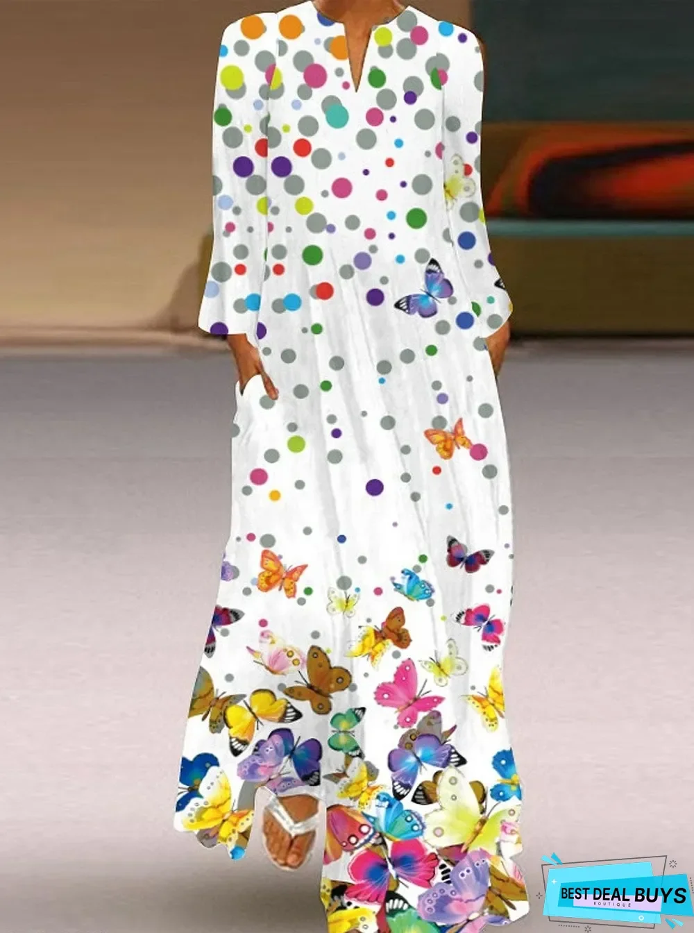 Butterfly Print V-Neck Long Sleeve Dress White Dresses