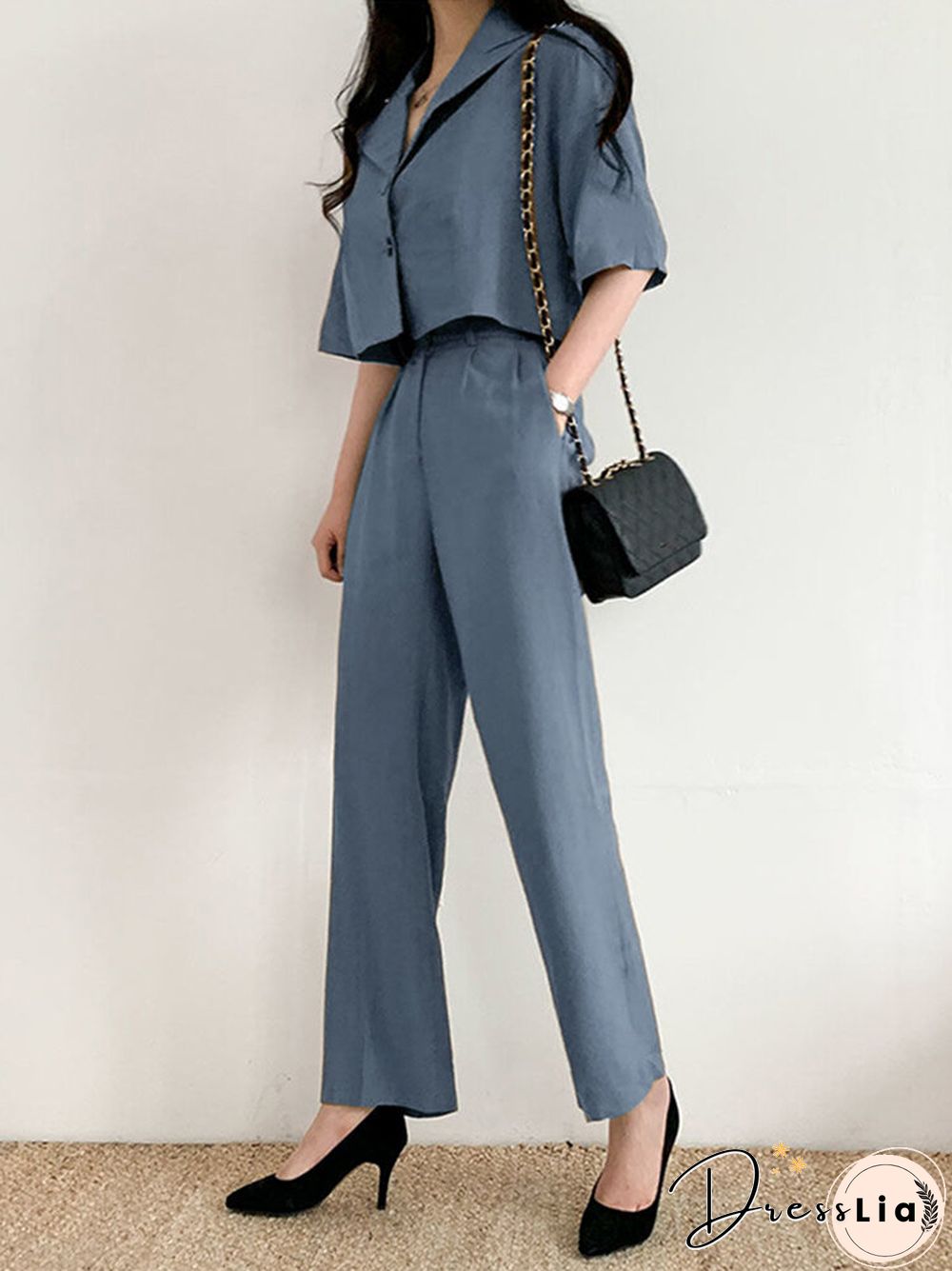 Solid Button Front Pocket Lapel Short Sleeve Two Pieces Suit