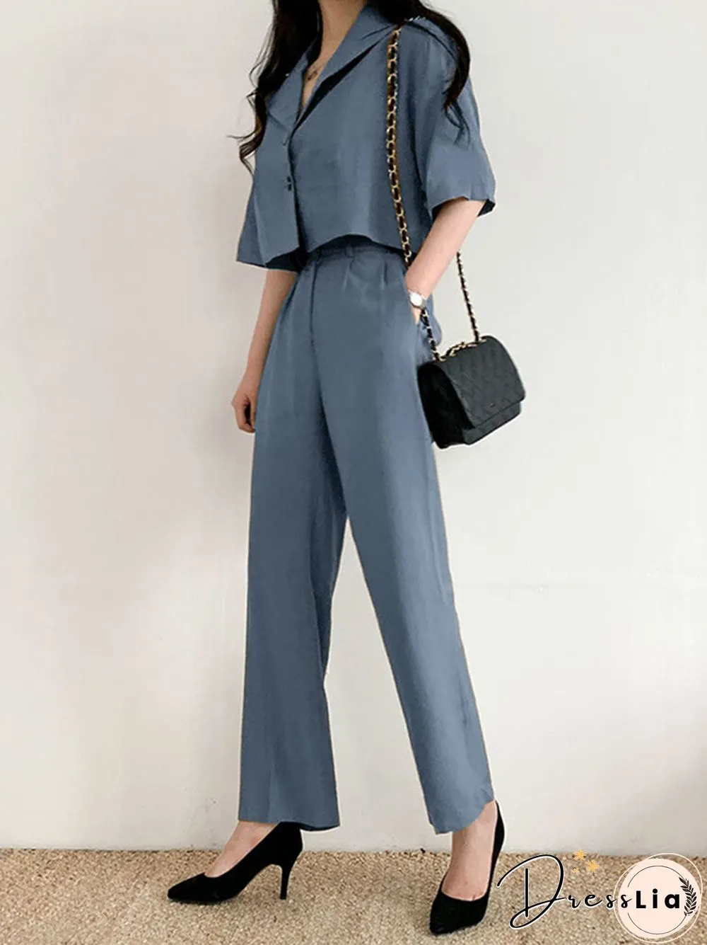 Solid Button Front Pocket Lapel Short Sleeve Two Pieces Suit