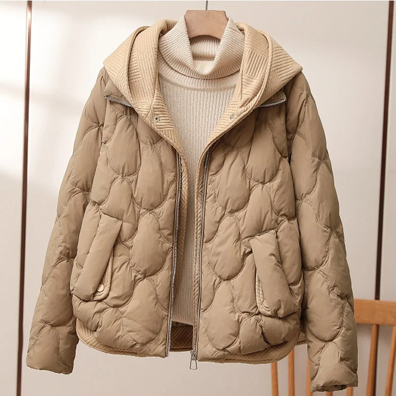 Woherb Fake Two Knitted Splicing Down Jacket Female 2024 Winter New Korean Version Fashion High-End Hooded White Duck Down Coat-Outfit Ideas