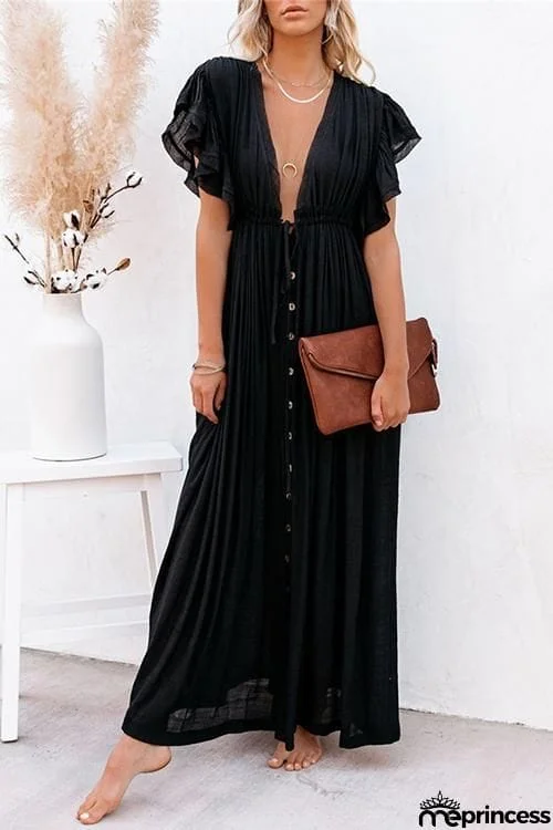 Button Drawstring Waist Bat Maxi Cover Dress