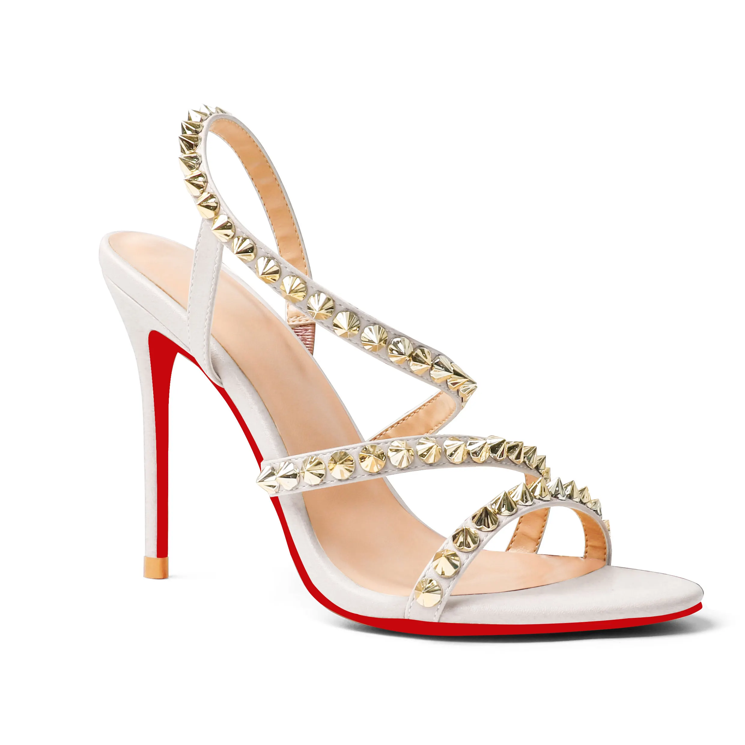 100mm Cross Heel Elastic Strap Gold Studs Red Bottoms Party Stiletto Sandals Pumps-vocosishoes