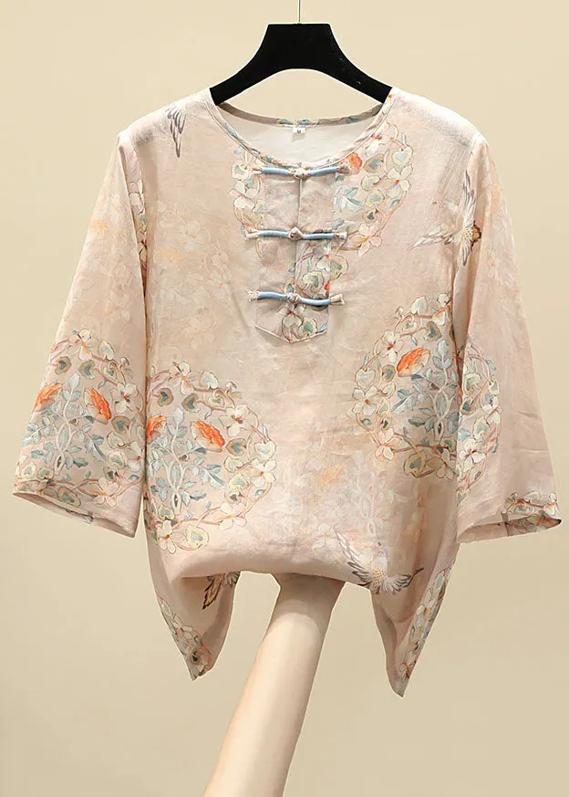 Vintage Apricot O-Neck Print Oriental Button Side Open Linen Tops Half Sleeve