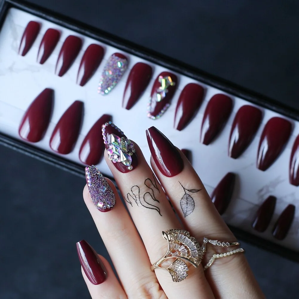 Short Ballet Coffee Advanced crystal design False nails Custom logo box Glossy Coffin Blair Fake nails Dark brown Gel-Nail Inspo