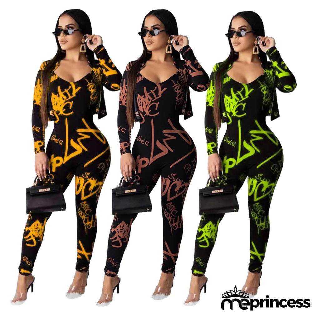 Trendy Printing Casual Two-piece Jacket + Jumpsuit