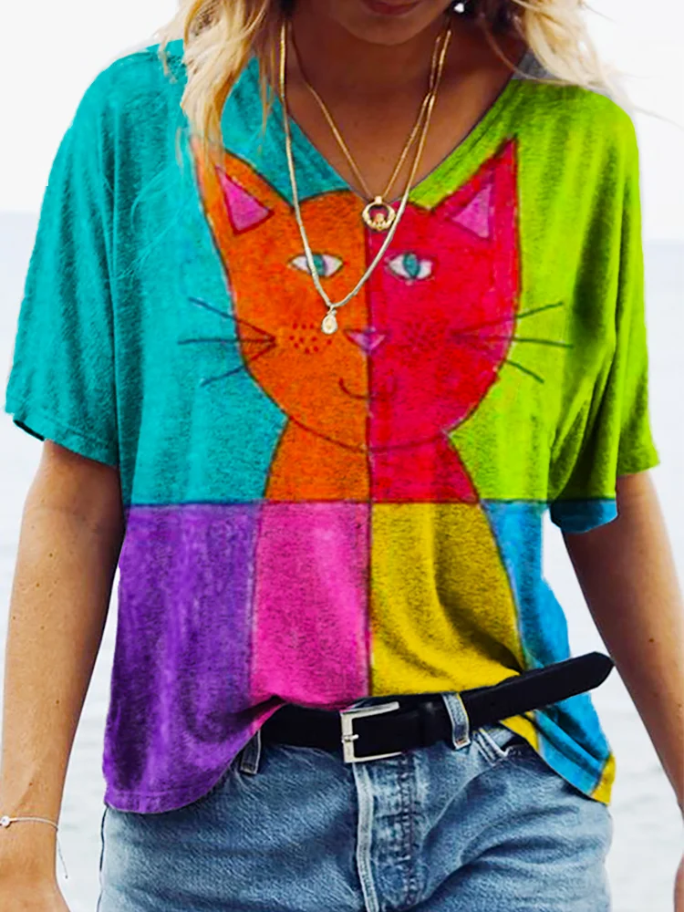 Wearshes Contrasting Colour Block Cat Print T Shirt