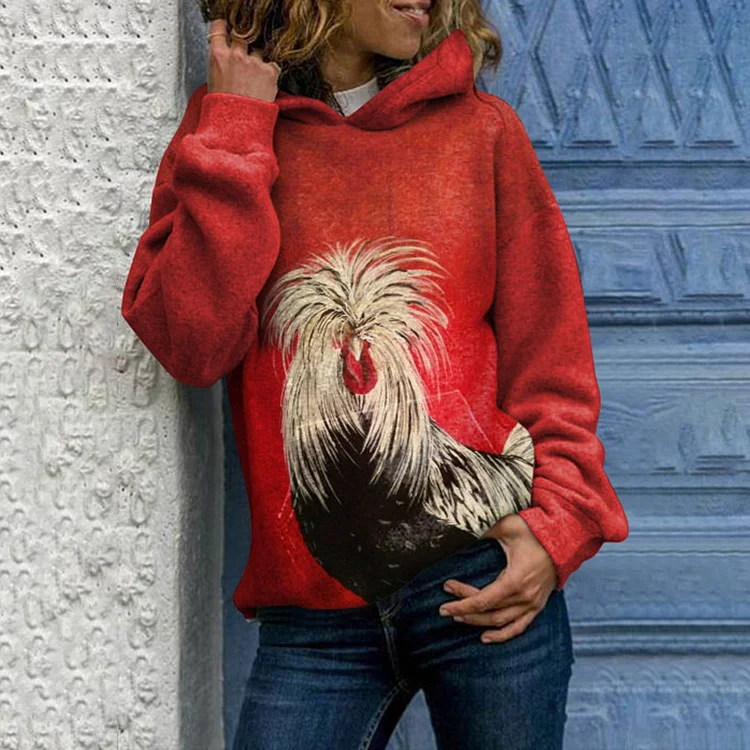 Wearshes Casual Chicken Print Long Sleeve Hoodie