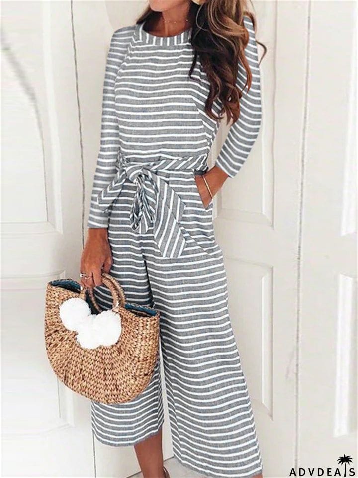 Women's Boho Striped Long Sleeve Round Neck Lace Up Rompers