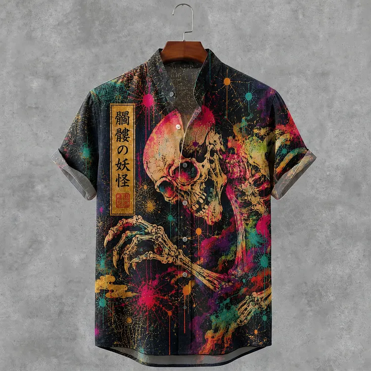 Men's Vintage Halloween Japanese Skull Art Print Casual Shirt