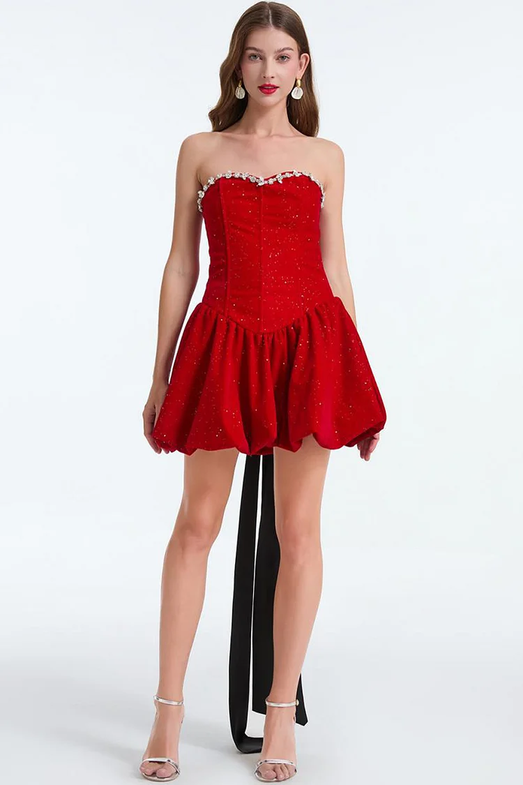 Party Black Velvet Strapless Rhinestones Bow Mini Dress