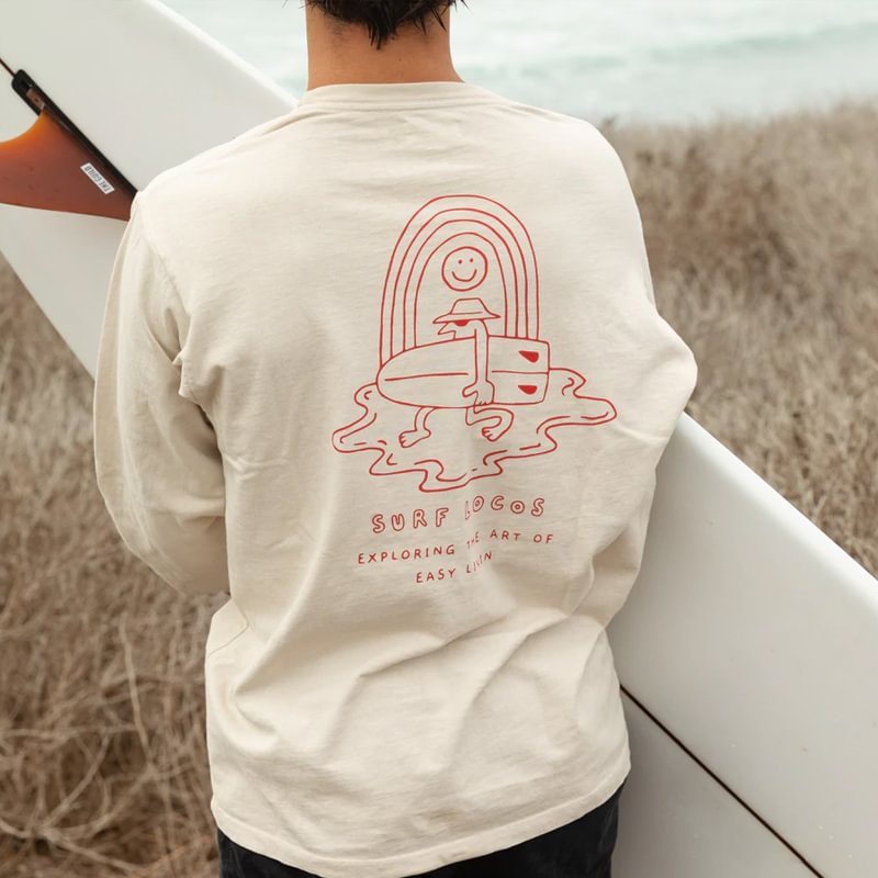 Men Retro Surf Locos Easy Peasy Print Long Sleeve T-shirt
