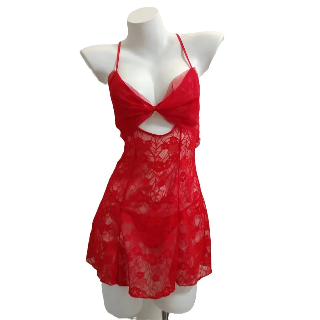 Nigikala Nigikala Pajamas Woman 2025 New Seduction Red Lace Hollow Big Bow Bow Small Breast Slings Sleeping Skirt