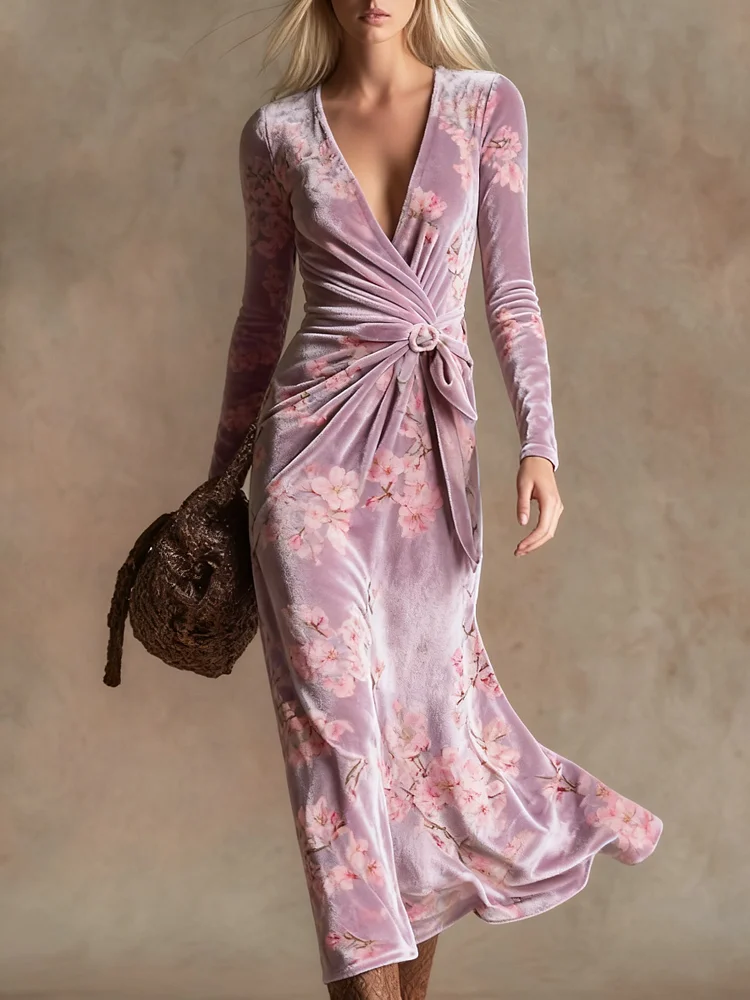Elegant vintage print V-neck velvet maxi dress