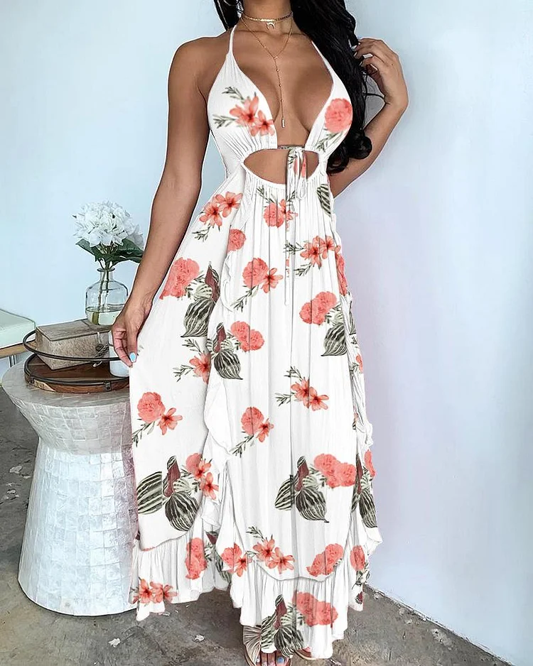 Vacational Backless Cutout Frill Hem Rose Floral Print Dress P5355965904