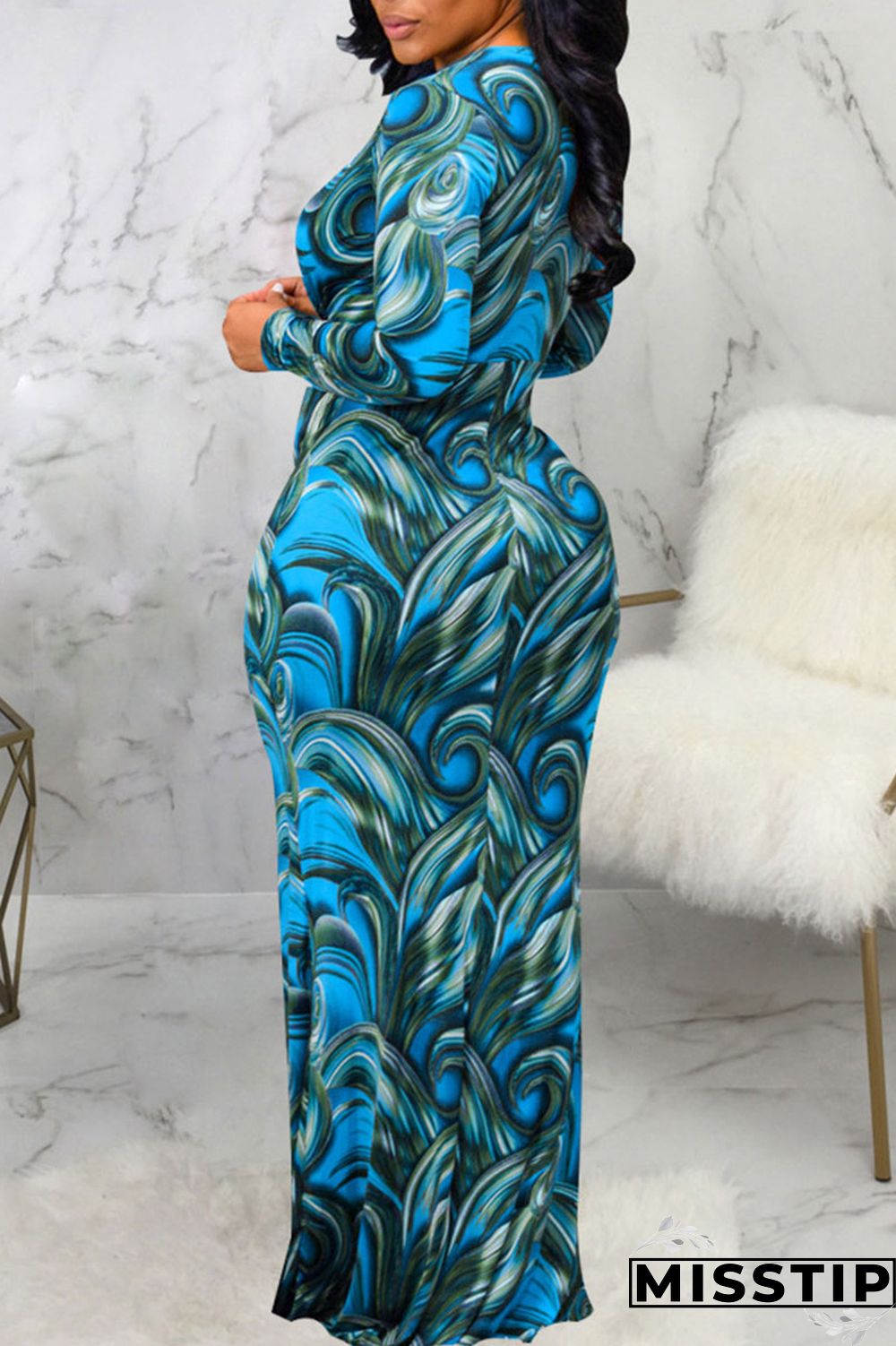 Blue Sexy Print Patchwork V Neck Long Sleeve Dresses