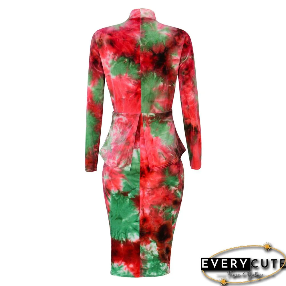 Red Korea Velvet Bowknot Detail Plus Size Dress