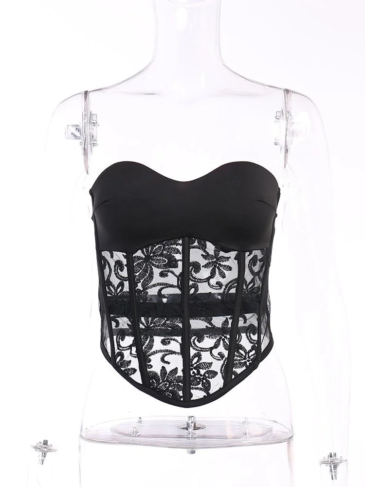 WannaThis Sexy Women Lace Black Crop Tank Tops Sleeveless Mesh Hot Slim Sexy Club Fashion Exotic Tube Aesthetic Female Clothing