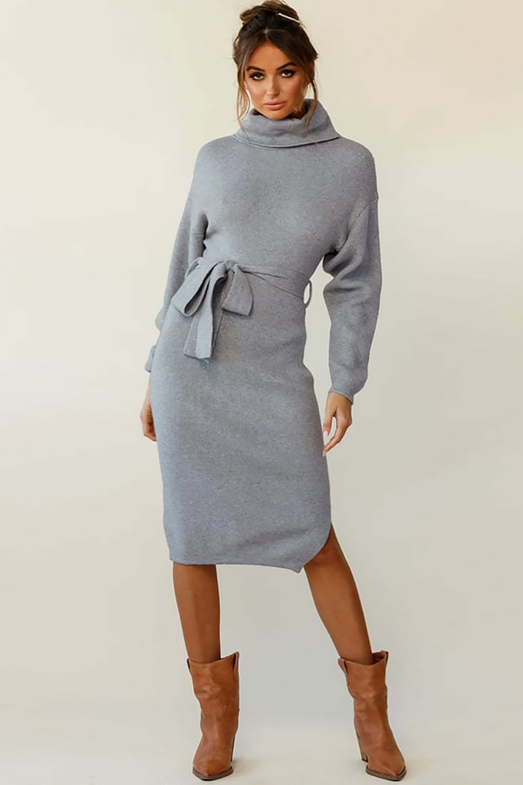 High Neckline Knit Knotted Long Sleeve Midi Dresses