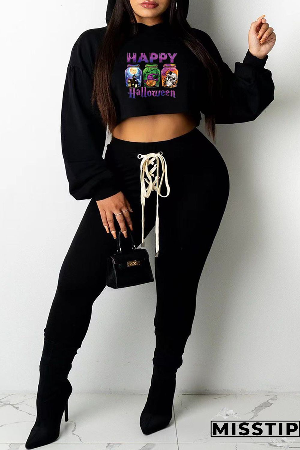 Black Fashion Casual Print Basic Hooded Collar Long Sleeve Two Pieces