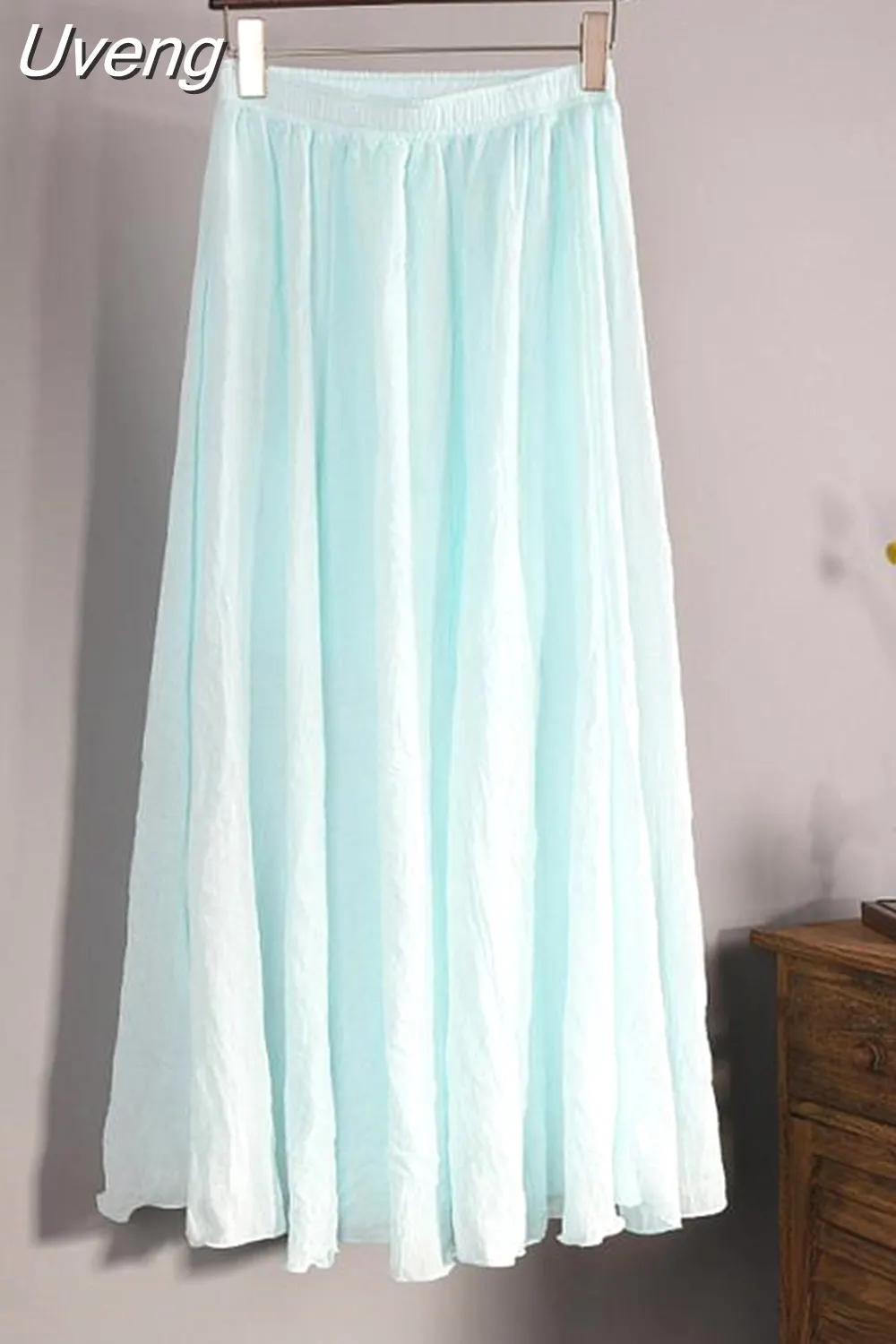 Uveng Women's Elegant 16 Color High Waist Elastic Waist Linen Pleated Long Skirts Ladies Slim Casual Skirt Saias New 2023 Summer SK05