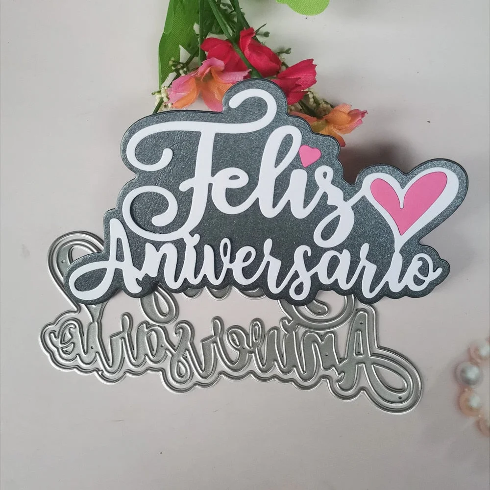 Heart Feliz Aniversario Cut Dies Metal Stencil Template For DIY Scrapbooking Embossing Paper Greeting Cards Album Decor Mold