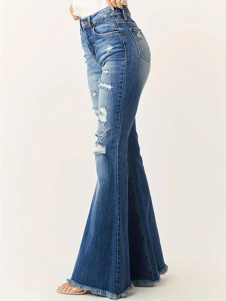 Women's Vintage High-Stretch Flared Jeans - Mid-Rise Belt Loops, Distressed Raglan Details & A-Line Silhouette, Solid Color Wide Leg Pants, Machine Washable All-Season Denim For Casual Outings Elegant Collection), Versatile Denim Wear, Durable Fabric