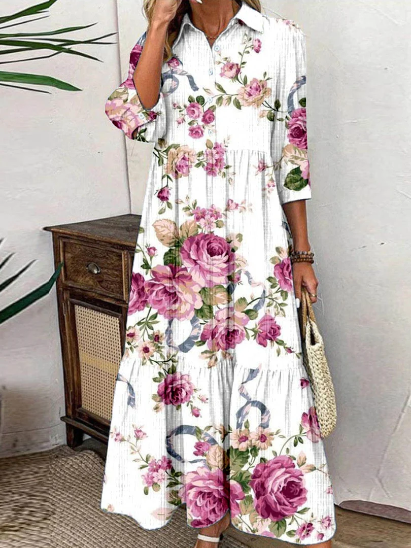 Women Half Sleeve Shirt Collar Floral Printed Graphic Button Maxi Dress