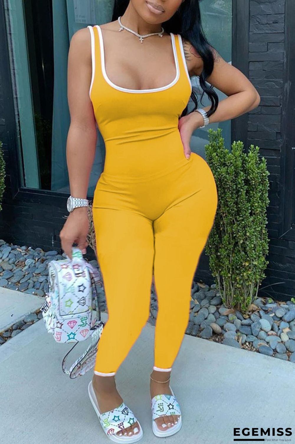 Yellow Casual Sportswear Solid Basic U Neck Plus Size Jumpsuits | EGEMISS