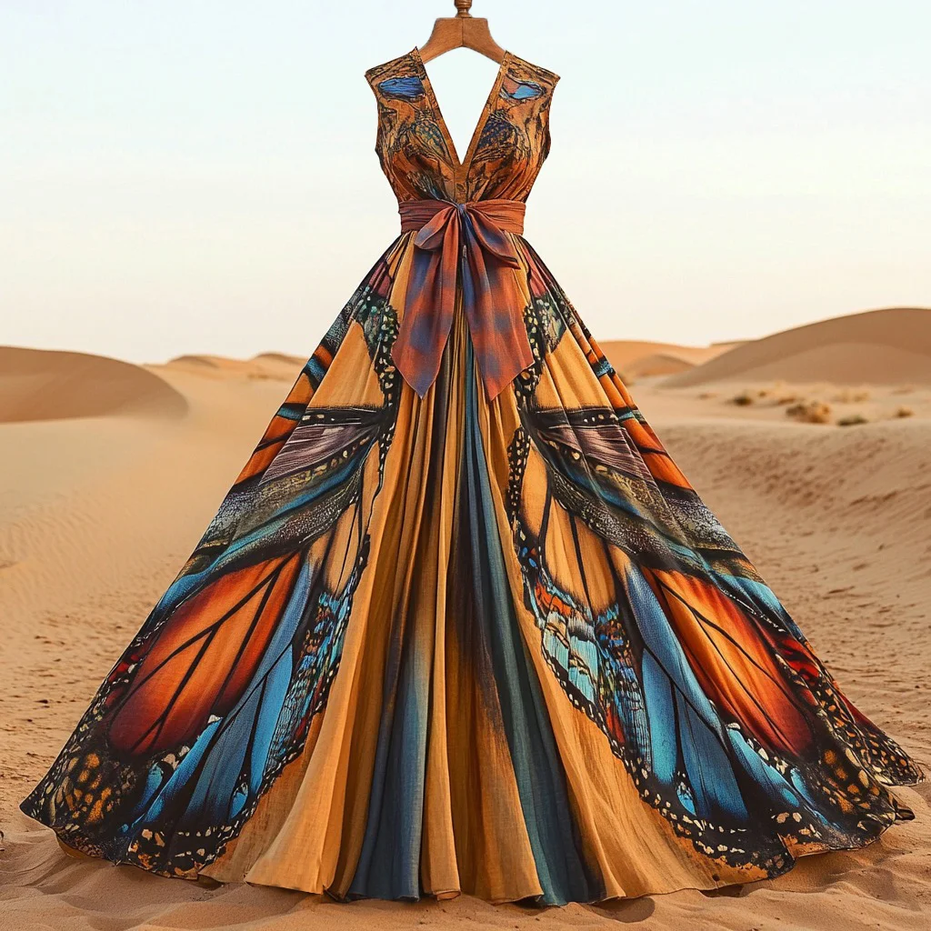 Women's Fashion African Butterfly Wing Painting Abstract Art Cotton And Linen Maxi Dress