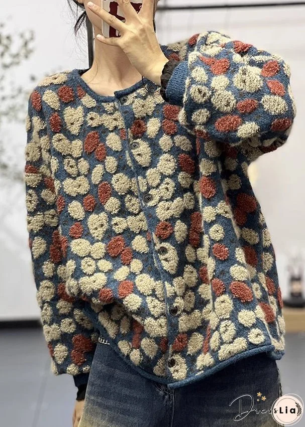 Stylish Blue O Neck Jacquard Plus Size Knit Sweaters Coats Fall