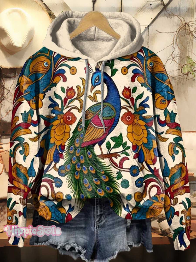 Vintage Floral & Peacocks Print Casual Hoodie Sweatshirt Multicolor / S