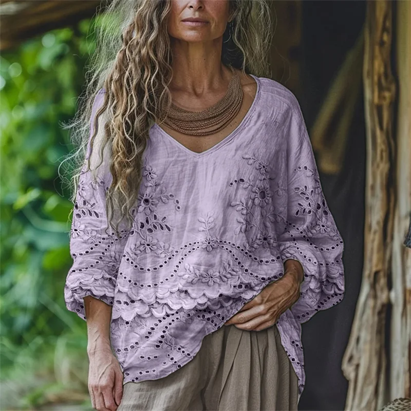 Cottage Floral Embroidered Lace Flowy Linen Tunic